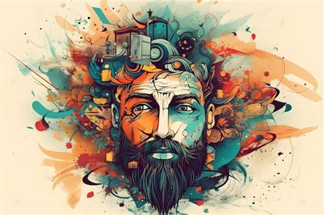 Premium Ai Image Drawing Of Man With Beard And Clock On His Head