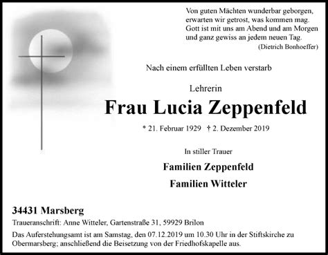 Traueranzeigen Von Lucia Zeppenfeld Trauer In NRW De