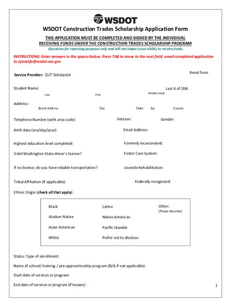 Fillable Online Wsdot Construction Trades Scholarship Application Form