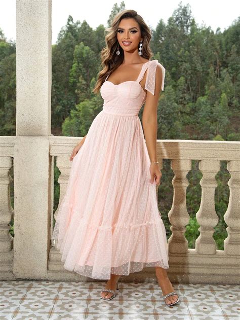 Rochie Geraldine Pink Eleganta Din Tul Cu Imprimeu Buline UniqueStore