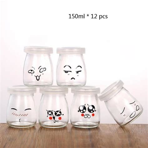 12 pcs 150ml Pots de Yaourt avec Décor Émoticône rigolos et Couvercles