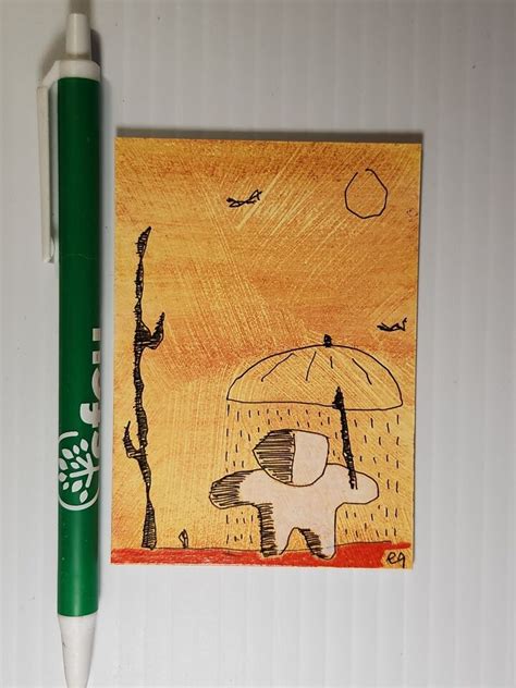 E Art Aceo Man With Umbrella Outsider Art Brut Naive Ebay