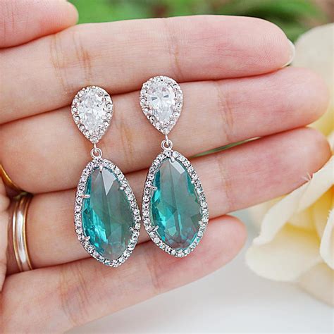 Wedding Jewelry Bridal Earrings Bridesmaid Earrings Dangle Earrings Lux Blue Zircon With Cubic