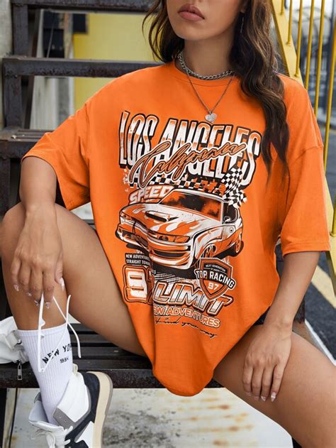 Shein Coolane Camiseta De Hombros Caídos Con Estampado De Letra Y Coche