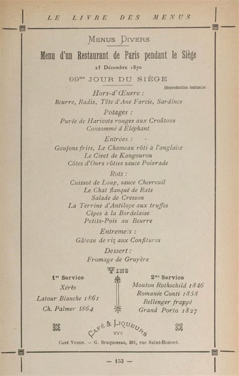 Le Menu Dun Restaurant De Paris Pendant Le Si Ge Le D Cembre