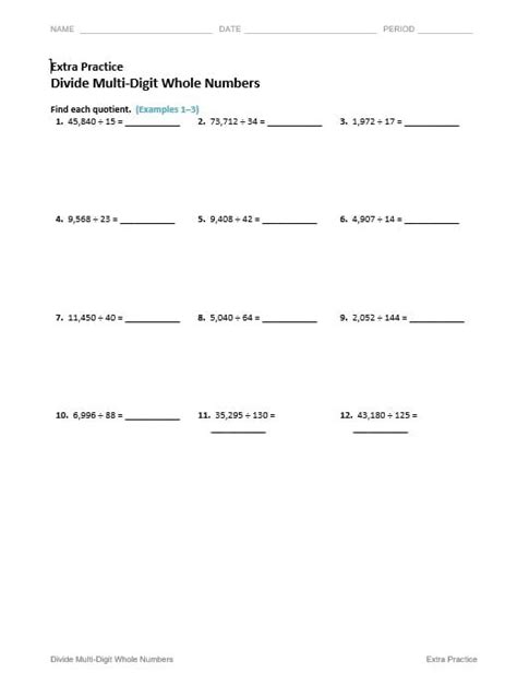 ورقة عمل Divide Multi Digit Whole Numbers الرياضيات المتكاملة الصف