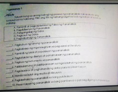 Pagsasanay 1panutotukuyin Kung Sa Anong Bahagi Ng Proseso Ng Pananaliksik Nakapaloob