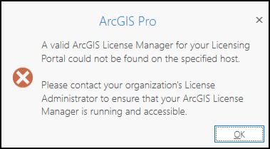 Error A Valid ArcGIS License Manager For Your Licensing Portal Could