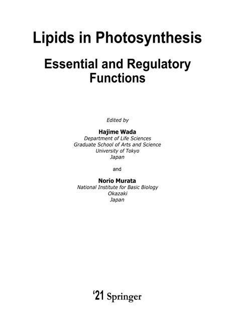 (PDF) Lipids in Photosynthesis Essential and Regulatory Functions Edited by