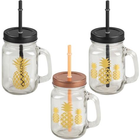 Lot De 3 Mason Jar Gobelet Bocal Avec Paille Design Ananas Transparent