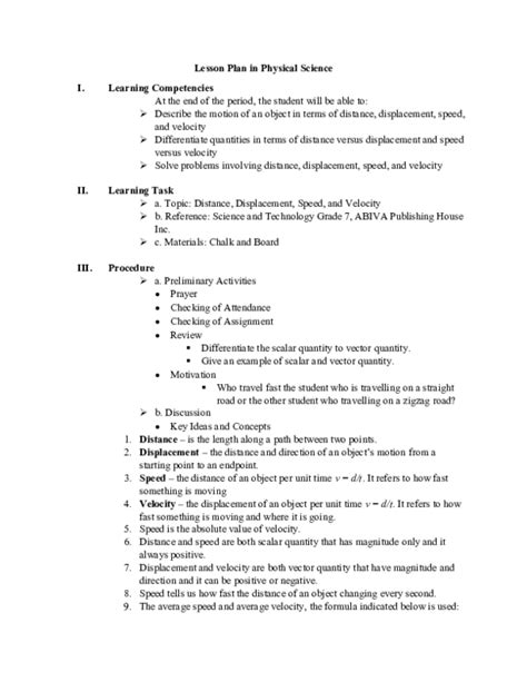 Doc Lesson Plan In Physical Science Learning Task Procedure A Preliminary Activities • Prayer