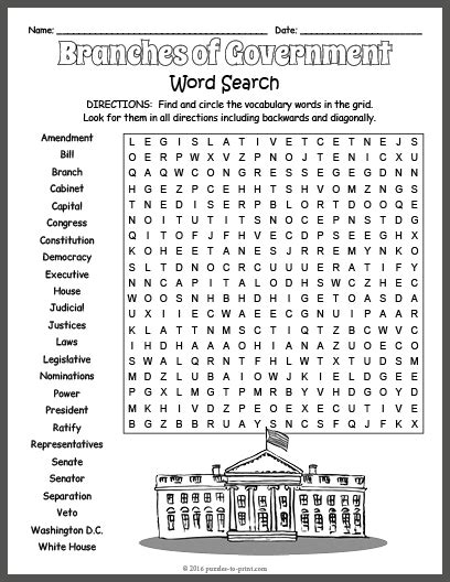 Three Branches Of Us Government Word Search Puzzle Worksheet Activity