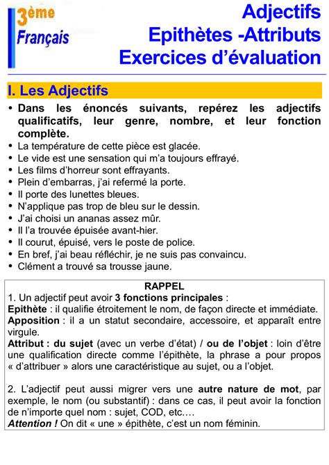 Adjectifs Epith Tes Attributs Exercices D Valuation