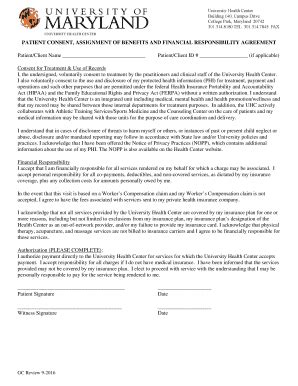 Fillable Online Health Umd PATIENT CONSENT ASSIGNMENT OF BENEFITS AND