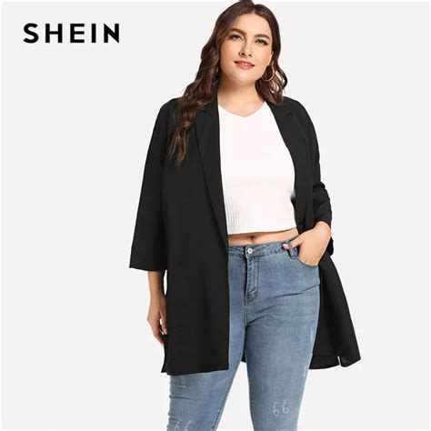 Buy Shein Black Office Lady Plus Size Slit Side Notched Collar Long Blazer 2018