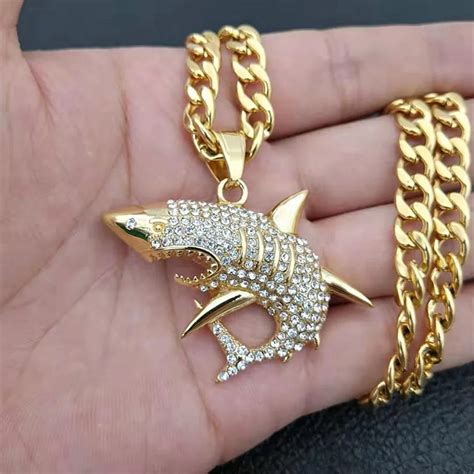 Hip Hop Iced Out Big Shark Pendant Necklaces Hiphop 2019 Mens Gold