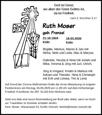 Traueranzeigen Von Ruth Moser Wirtrauern