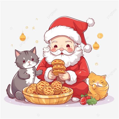 Cartoon Cute Christmas Santa Claus And Cats Eating Cookies Christmas