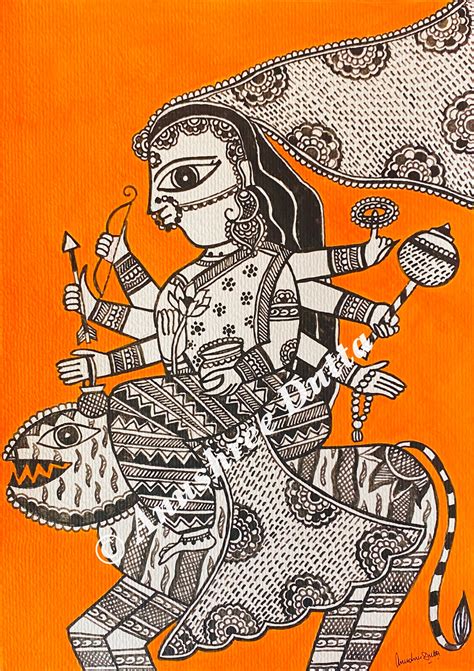 Indian Folk Art Madhubani Painting Of Goddess Durga Mithila Art A