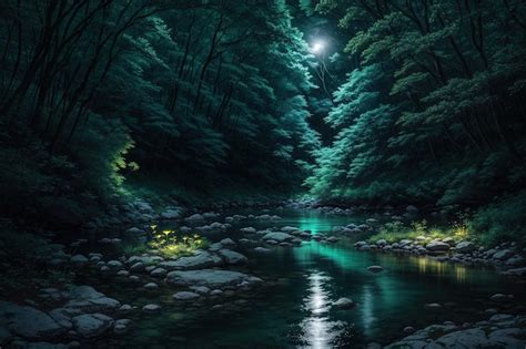 Un río en un bosque con una luna en el fondo Foto Premium