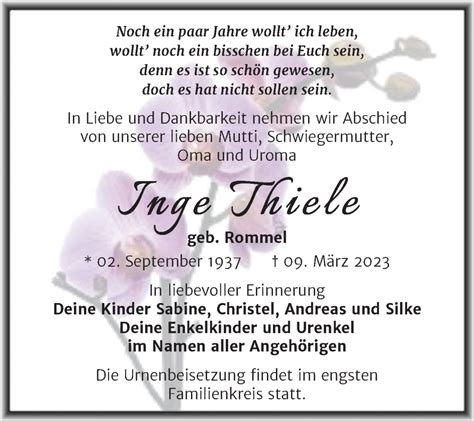 Traueranzeigen Von Inge Thiele Abschied Nehmen De