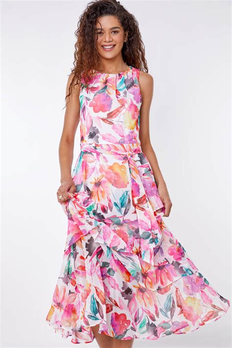 Floral Print Frill Midi Dress In Pink Roman Originals UK