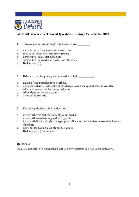 12 ACCT2112 Week 12 Tute Questions Pricing Decisions S2 2023 ACCT2112