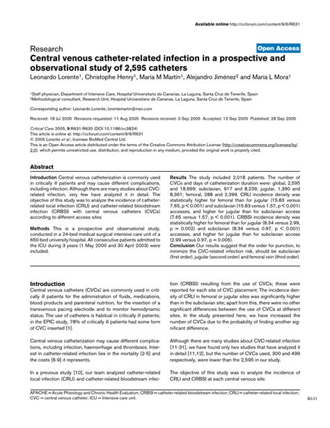 Pdf Central Venous Catheter Related Infection In A Prospective And