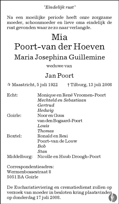 Maria Josephina Guillemine Mia Poort Van Der Hoeven