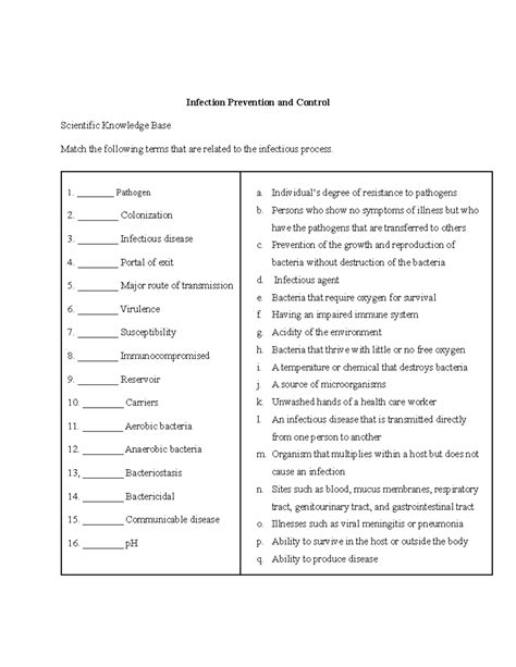 Infection Prevention And Control Worksheet Infection Prevention And