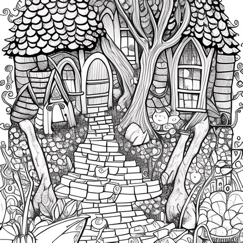 Fairy Village Coloring Page · Creative Fabrica