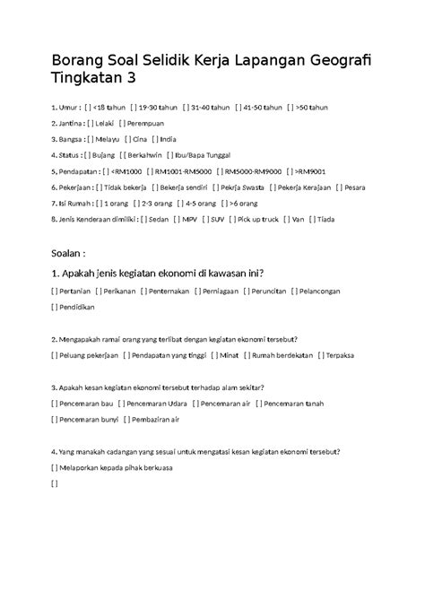 Borang Soal Selidik Kerja Lapangan Geografi Tingkatan 3 Umur