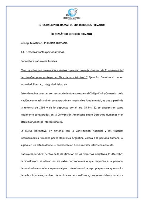 Derecho Privado I Resumen INTEGRACION DE RAMAS DE LOS DERECHOS