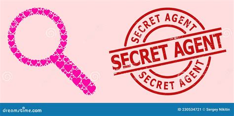 Scratched Secret Agent Stamp Seal And Pink Love Heart Search Mosaic