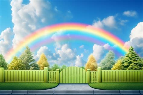 Arco Iris Realista En La Cima De Una Colina Con Una Valla Y Nubes Al