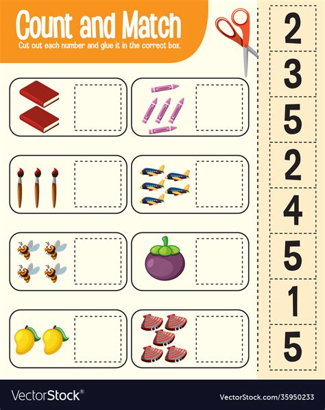 Count and match game maths worksheet for children Vector Image