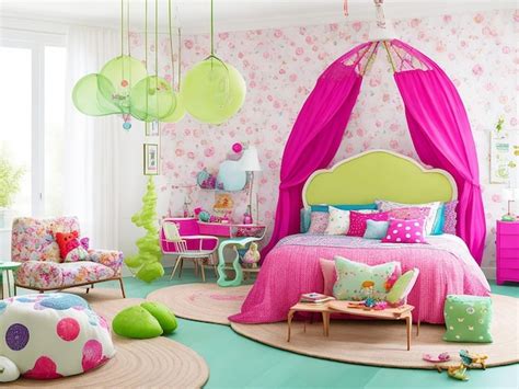 Premium Photo A Pink And Green Bedroom With A Pink And White Bed