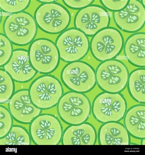 Seamless Pattern With Cucumber Slices Vector Illustration In Hand