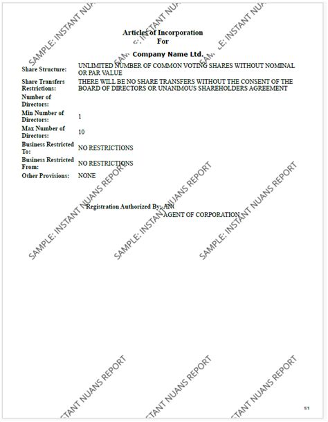 Sample Of Alberta Articles Of Incorporation INSTANT NUANS REPORT