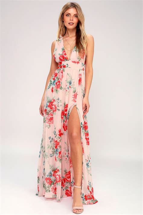 Stunning Blush Dress Floral Print Maxi Dress Gown Lulus