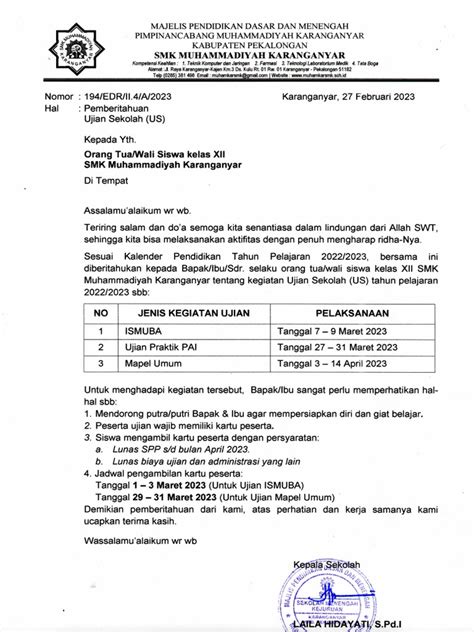 Surat Pemberitahuan Ujian Sekolah Pdf