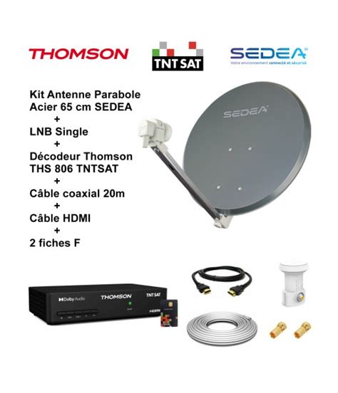 Kit Parabole Acier 65 cm LNB Single Décodeur TNTSAT Câble 20m