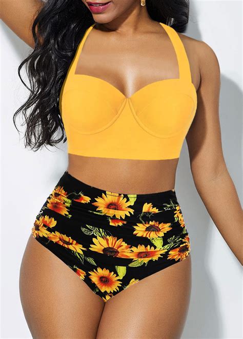 High Waist Cutout Back Halter Sunflower Print Bikini Set Rosewe