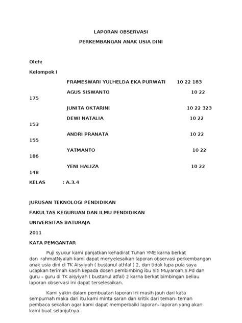 Laporan Observasi Aspek Perkembangan Anak Usia Dini