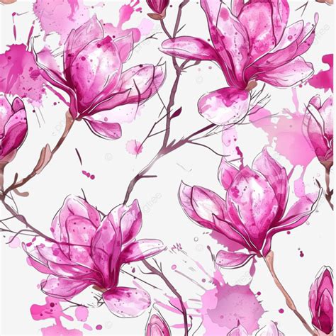 Seamless Pattern With Pink Blooming Magnolia Flowers And Stains