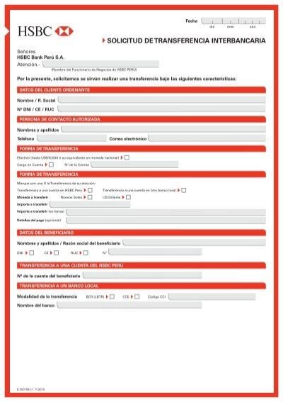 SOLICITUD DE TRANSFERENCIA INTERBANCARIA Hsbc