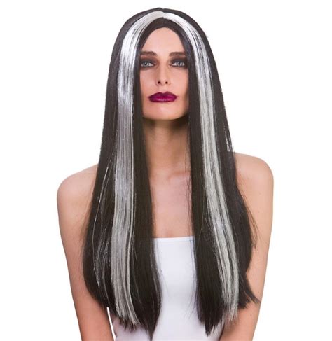 Classic Long Black Silver Wig Halloween Wigs Mega Fancy Dress