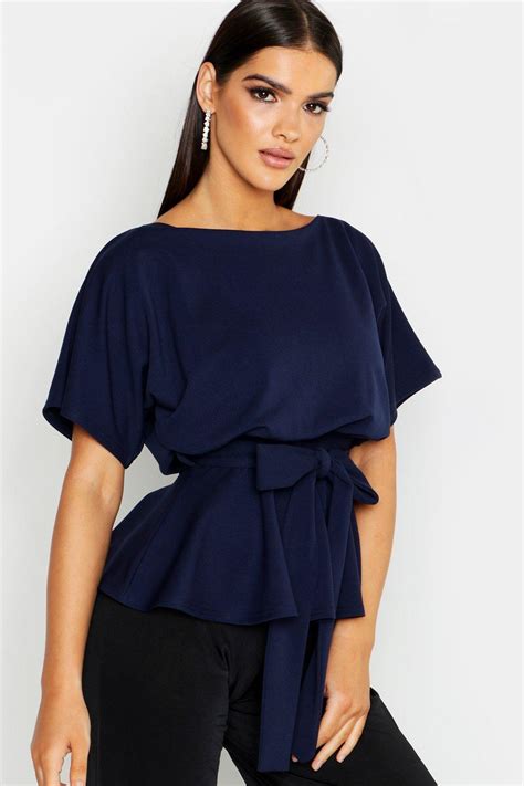 Lyst Boohoo Slash Neck Tie Waist Peplum Hem Top In Blue