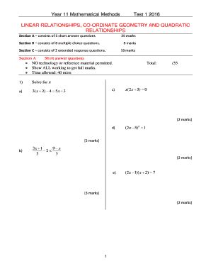 Fillable Online Learn Stleonards Vic Edu Quadratics And Linear Test