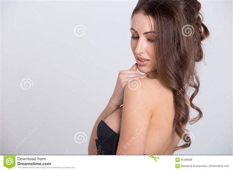 Portrait Of A Beautiful Brunette In Black Lingerie Stock Photo Image